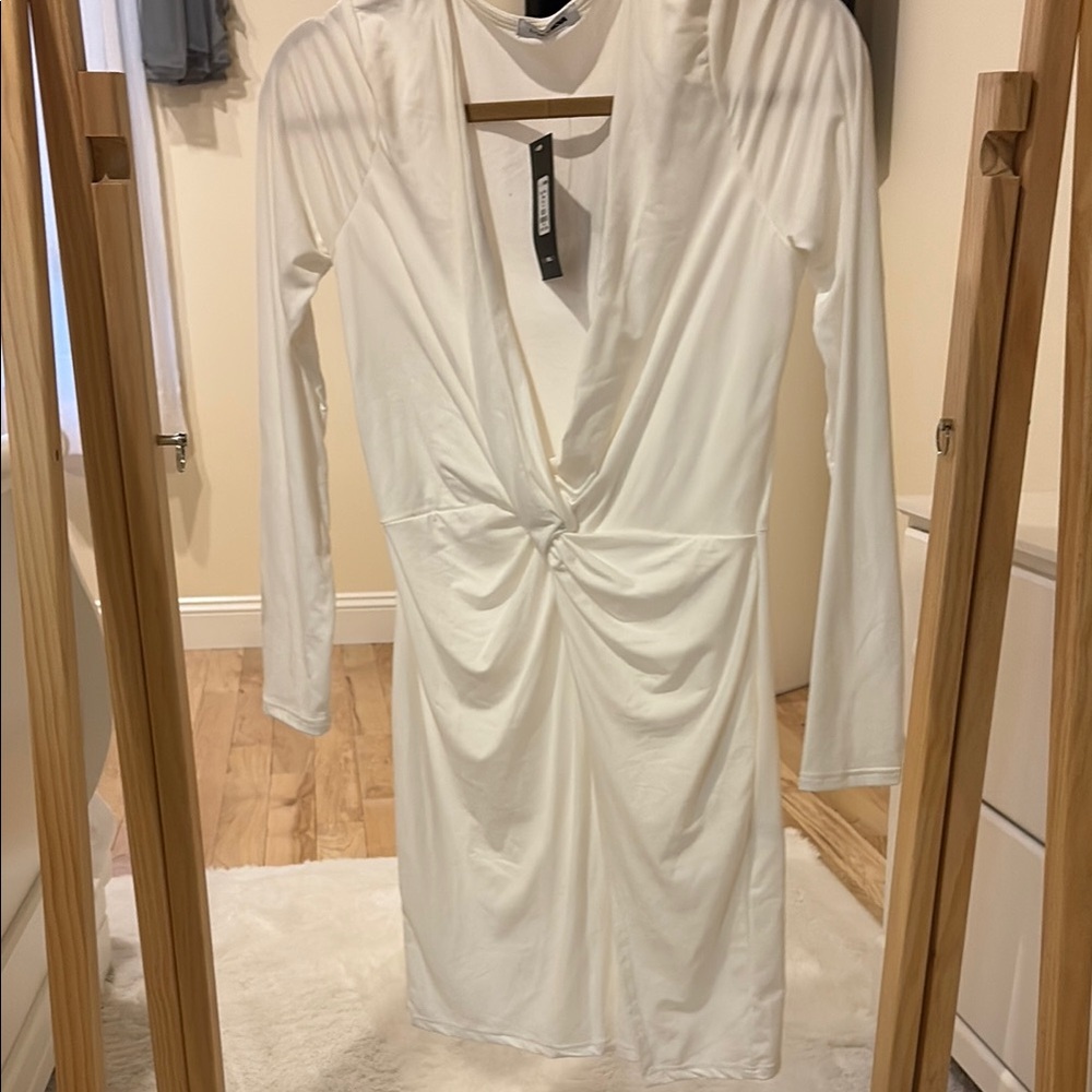 Fashion Nova White Twist Front Long Sleeve Dress